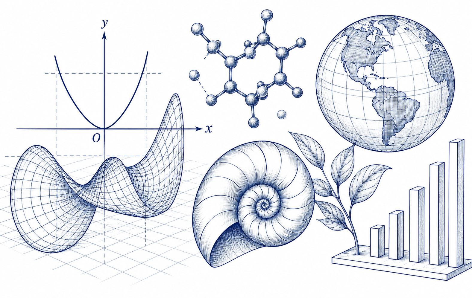 Mathematics, molecular structure, globe, shell, plant, and quantitative chart