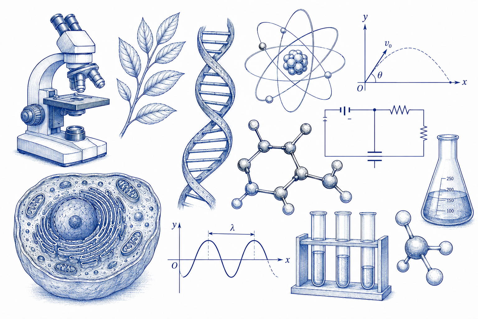 Scientific illustration representing high school Biology, Chemistry, and Physics