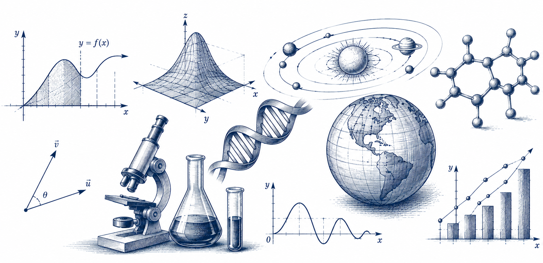 Mathematics and science tutoring illustration with mathematical graphs, physics diagrams, chemistry, biology and scientific imagery