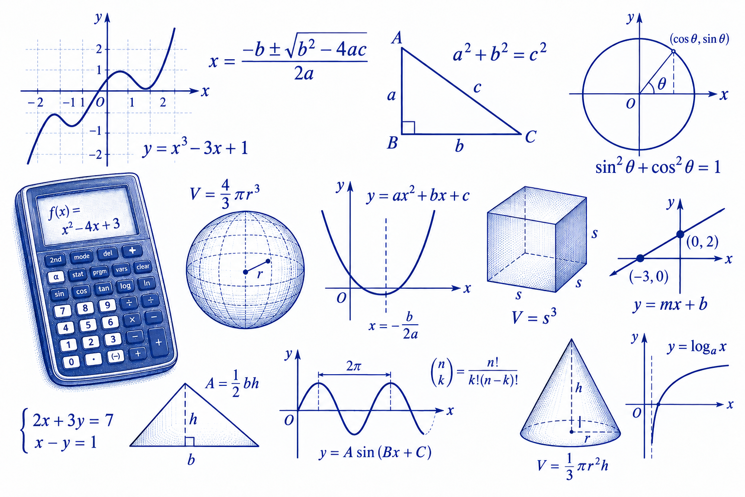 SAT Mathematics illustration with algebra, geometry, graphs, and quantitative reasoning
